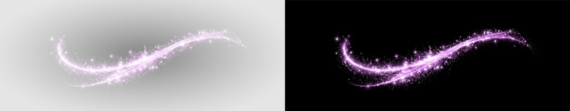 Purple glowing sparkle PNG overlay with radiant flowing trail and luminous glitter particles, on transparent background