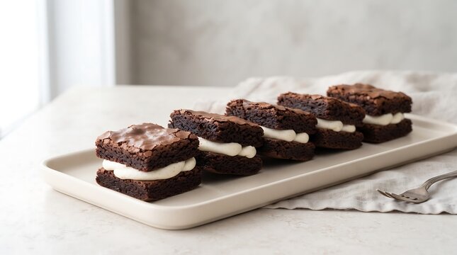 Chocolate brownie sandwiches with cream filling on wooden tray