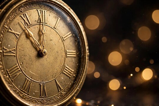 Elegant clock face approaching midnight with golden bokeh, New Year 2027 countdown