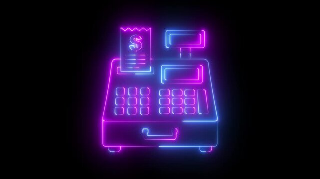 glowing neon cash register icon isolated on black background. featuring Cash register retail store receipt, Calculator Machine and Retail Transaction Equipment. 4k video animation.