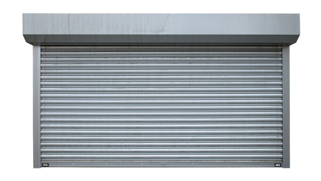 Closed metallic roller shutter door, security barrier isolated on transparent background