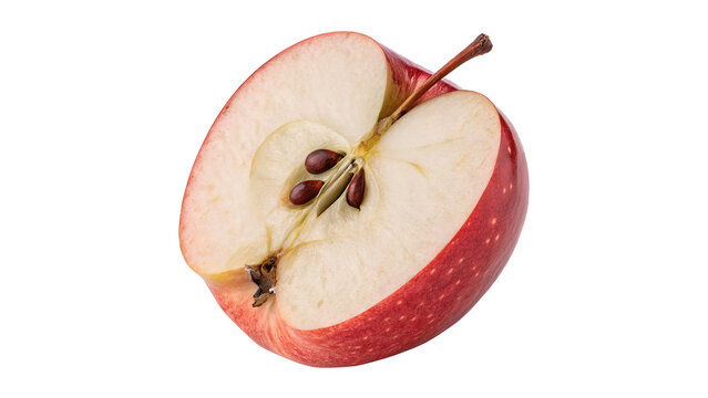 Fresh healthy red apple cut in half showing core and seeds isolated on transparent background.