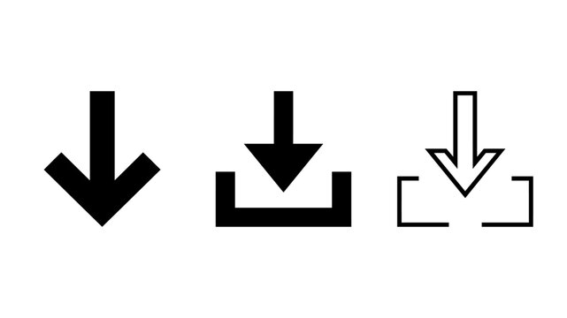 Minimalist download icon set, black arrow symbols for web and mobile UI, simple vector download buttons for digital interface design .
