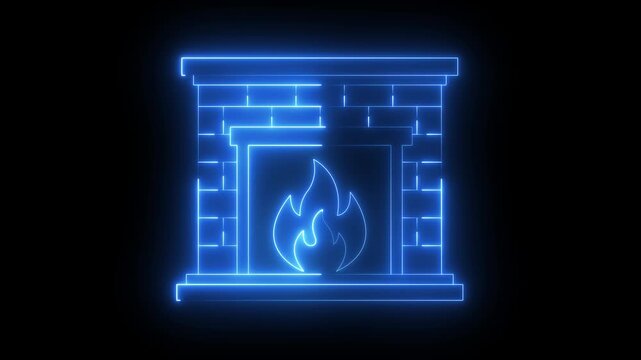 glowing neon brick fireplace icon with warm burning fire isolated on black background. representing burning fire hearth symbol, home interior warmth winter comfort design. 4k video animation.