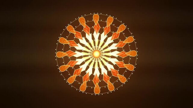 Golden yellow rotating flower mandala pattern on dark amber background festive rangoli