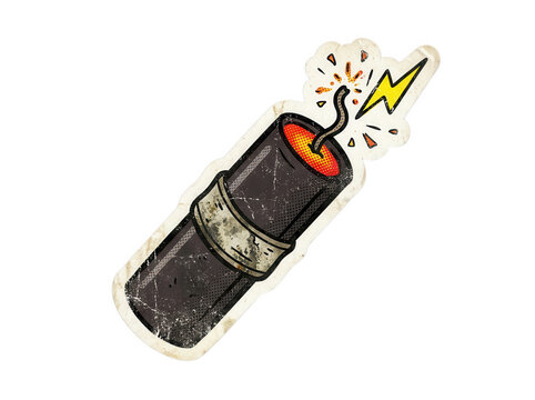 Vintage comic book style illustration of a lit dynamite stick with fuse isolated on transparent background for graphic design and retro art