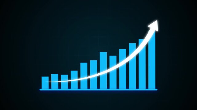 Bar graph animation with dashed line. Bar graph blue upward trend on grid. Bar graph business statistics graphic performance . Business growth concept in allusive graph chart showing marketing.4k