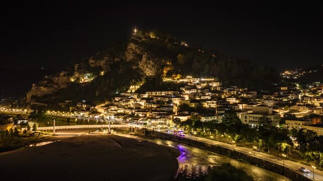 Berat Albania Night Hyperlapse Over Osum River and Ura e Varur