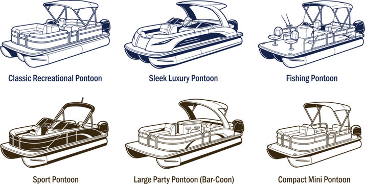 Set of different pontoon boat models isolated as technical line art drawings on white background with watercraft transportation nautical