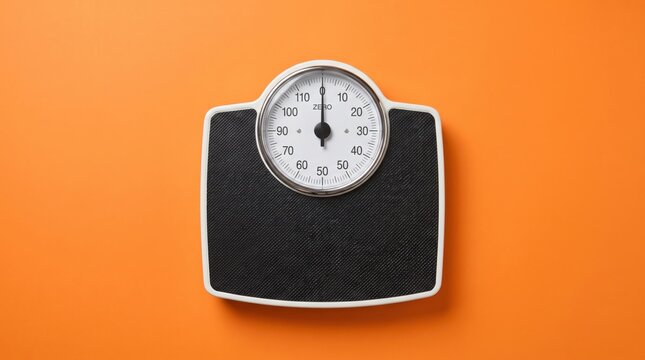 Analog bathroom scale with a black textured standing surface and a white circular dial gauge centered on a solid vibrant orange background viewed from directly above