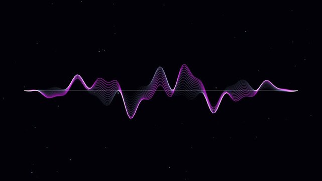 Abstract sound wave pulsing with purple light against a dark background representing audio visualization digital signal and broadcast