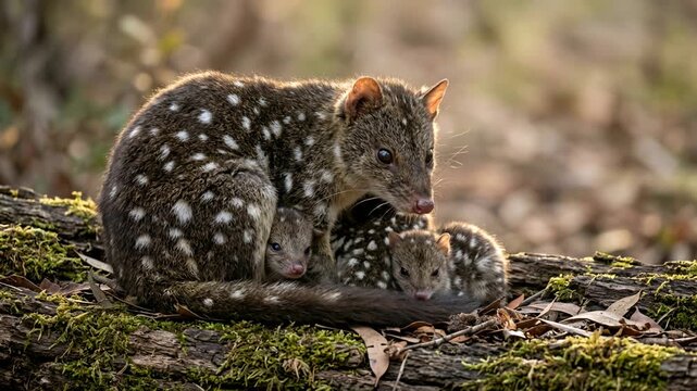 eastern quoll mother with young joeys close up at morning light in tasmania australia video