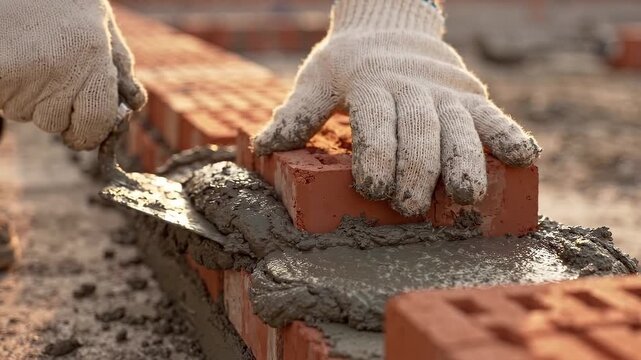 Mason laying red bricks in wet mortar with trowel at construction site. Bricklaying and masonry work. Building construction, trade craftsmanship and home improvement. Skilled manual labor.