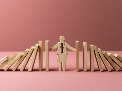 Cutout wooden figure of a business woman with her arms outstretched stopping wooden dominos falling on her from both sides