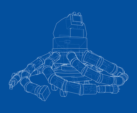 Octopus Robot Wireframe Illustration. Vector