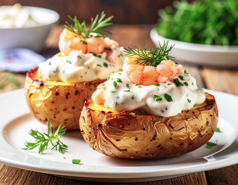 Baked potato with creamy sour cream and shrimp, Swedish cuisine. AI