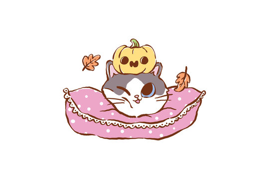 Cute cartoon cat resting on a pink polka dot pillow with a little autumn pumpkin on its head Design