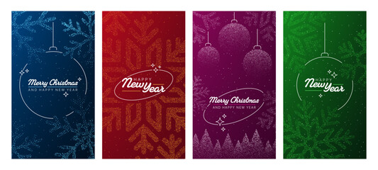 Plakat Four Christmas and New Year greeting card designs with festive lettering, ornaments and winter motifs. Holiday season celebration. Seasonal greetings, decorative vector illustration.
