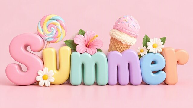 Colorful 3D summer text with ice cream cone, lollipop, hibiscus, and daisies on pastel pink background