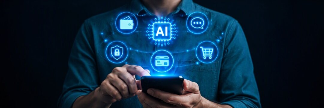 Person interacting with smartphone showing AI technology icons overlay, including wallet, security, shopping cart, and credit card