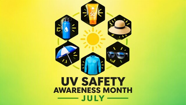 UV Safety Awareness Month July graphic with sunscreen, water bottle, hat, umbrella, sunglasses, and shirt on a yellow green background