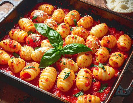Gnocchi in homemade tomato sauce with cheese, sheet pan, top view. AI