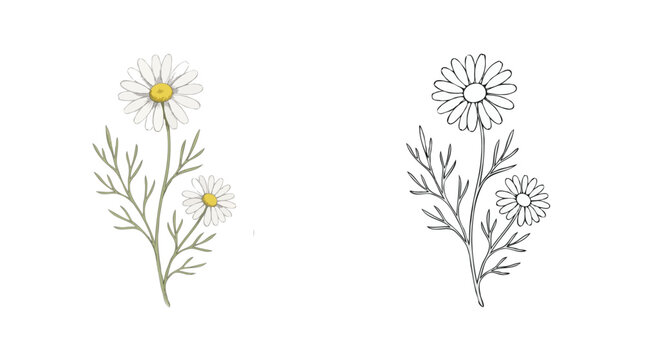 Botanical illustration of chamomile and daisy flowers in color and line art