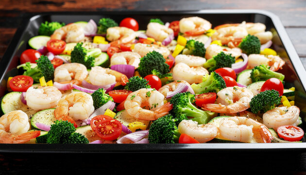 Shrimp, broccoli, tomatoes, bell pepper, zucchini and red onion. sheet pan dinner. AI