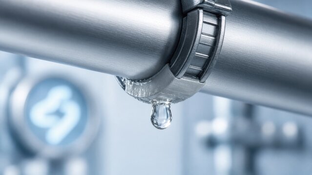 Water Drop Leaking from Stainless Steel Pipe Clamp Close-Up