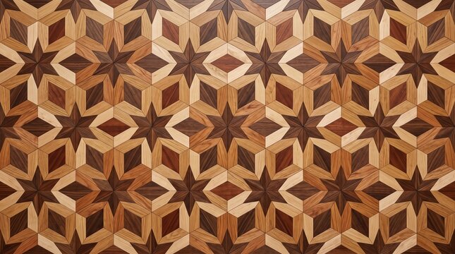 Natural wood parquet flooring with intricate geometric star and cube pattern
