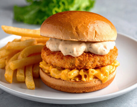 Salmon burger with tartar sauce, mac, and cheese on a bun sandwich, French fries, closeup. AI