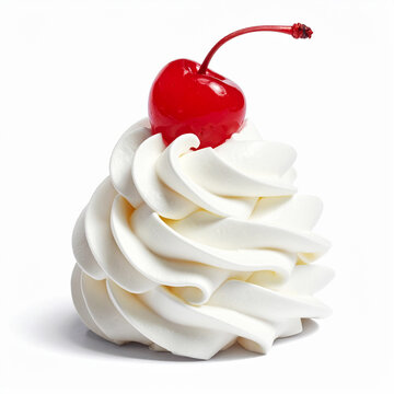Whipped cream with a red maraschino cherry on top, white backdrop, closeup.