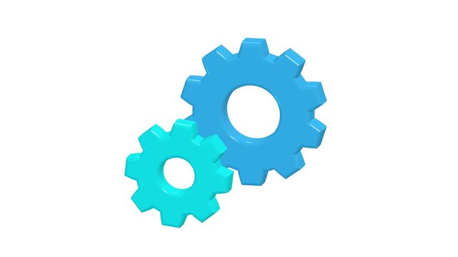 Looping 4K 3D motion graphic animation of two vibrant interlocking blue gears rotating smoothly in opposite directions built with Three.js. This version features a cleaned perspective where the small