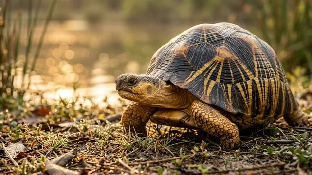 radiated tortoise close up at morning light near a lake in andohahela national park madagascar video