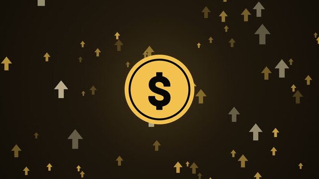 Golden dollar coin with rising arrows symbolizing financial growth and economic success on a dark background