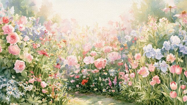 Pastel floral garden composition with lush greenery and blossoms