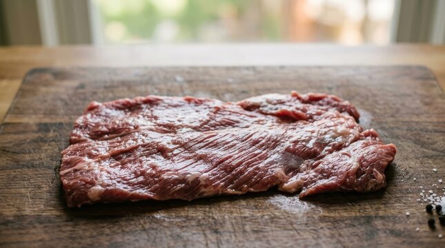 A piece of raw beef steak lies flat on a wooden cutting board surface.