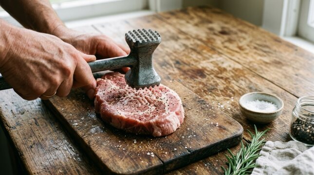 A chef uses a metal meat mallet to tenderize a fresh steak on board.