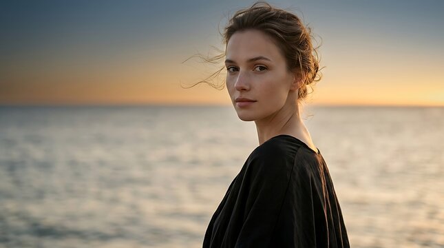 Serene woman portrait at sunset beach, thoughtful young female by golden ocean, natural beauty lifestyle concept