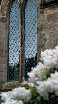 A Gothic double-arched lancet window with diamond-patterned stained-glass panes (arranged in a diamond pattern) and a stone frame, in which the sky and trees are reflected, with blurred white flowers 