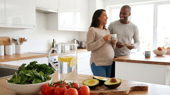 Pregnant woman with husband enjoying morning coffee in modern kitchen, happy biracial couple surrounded by fresh healthy food