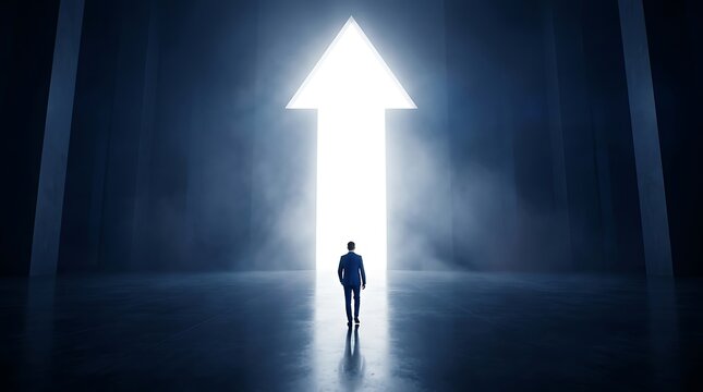 Bright upward arrow, a glowing symbol of success and progress. A lone businessman walks towards the illuminated path, representing ambition, future, and new opportunities.