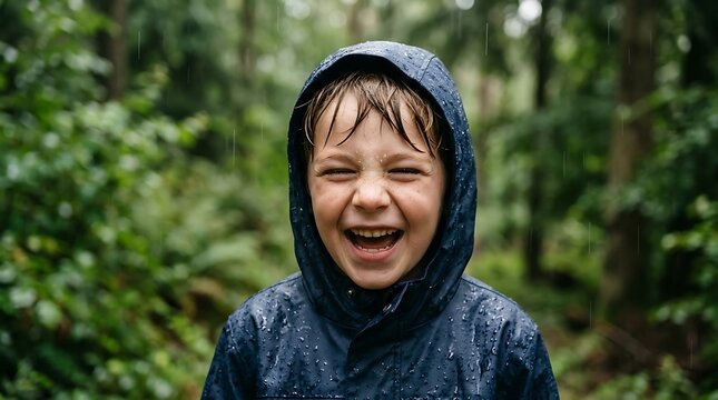 Joyful young boy wearing hooded raincoat in forest, laughing child outdoors in rainy weather, happy kid playing in wet nature