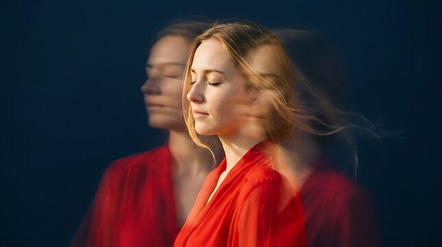 Meditative woman in motion blur, a serene portrait of mindfulness and inner peace. Calm female with closed eyes, a spiritual journey of self-reflection and tranquility.