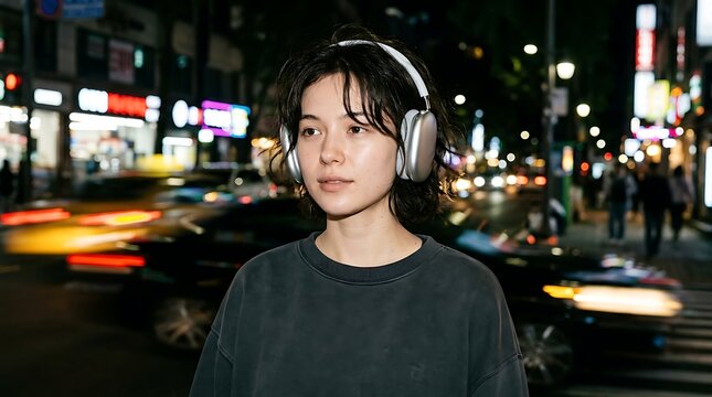 Young woman wearing wireless headphones at night in city, urban lifestyle street fashion, music listener standing on illuminated city street