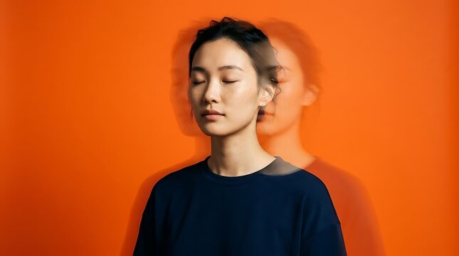 Motion blur portrait of young Asian woman meditating, peaceful mind concept, mental health concept on vibrant orange background