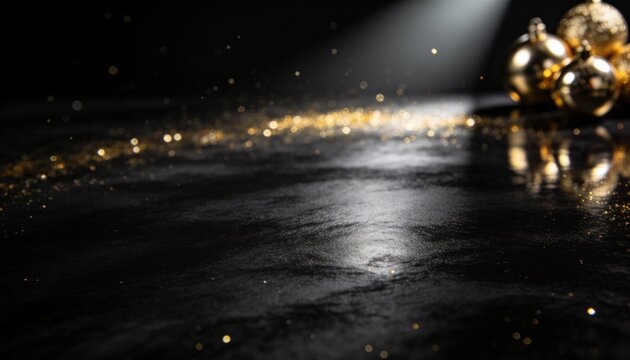 Luxury Christmas background with gold glitter dust and metallic gold ornaments in top right corner, glossy black reflective surface, spotlight, premium holiday sale banner with copy space