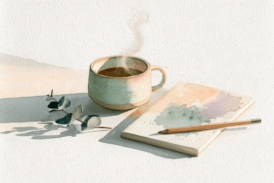 Gentle pastel watercolor illustration on textured white sheet with graceful objects for a calm desk scene