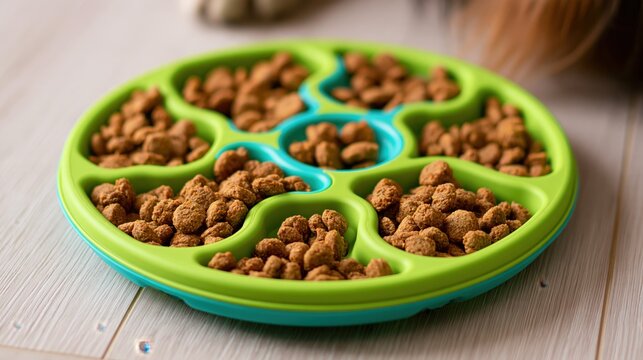 Green divided puzzle bowl offers kibble for slower pet feeding