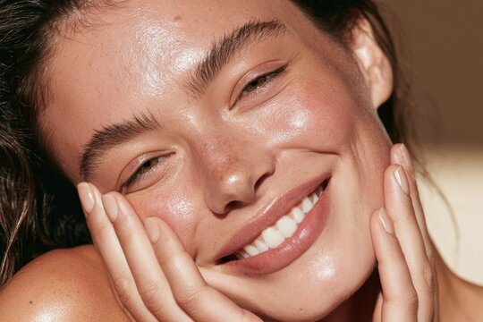 Portrait of a woman with natural makeup gently touching clear, radiant skin